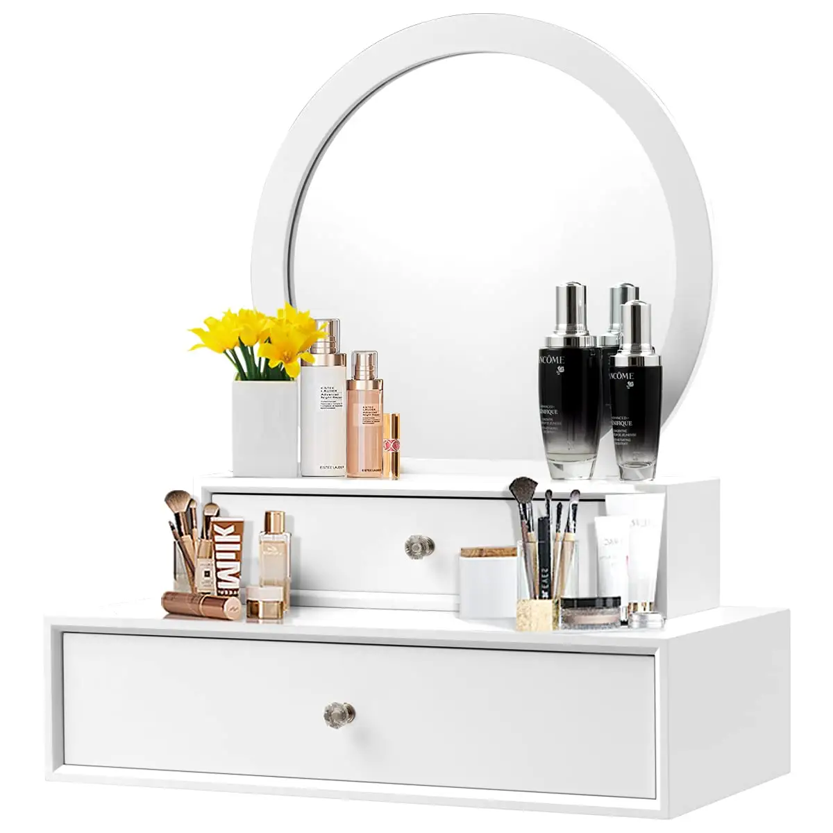 Special wholesale makeup mirror on dresser, dresser with round mirror, 2 removable wooden drawers with crystal ring handles