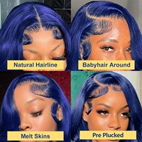 Wig Rambut Asli 100% Model Bob Pendek Grosir 13x4 Lace Front, Lurus Alami HD Transparent Lace Frontal Warna Biru untuk Wanita