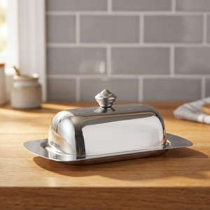 Plat de rangement pour beurre moderne en acier inoxydable chromé, écologique, sûr pour les aliments, avec couvercle poli miroir - Product Image 3
