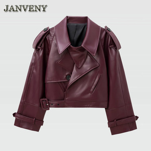 JANVENY 2025 nuova <span class=keywords><strong>giacca</strong></span> autunno tinta unita colletto con risvolto corto in finta pelle da <span class=keywords><strong>donna</strong></span> a maniche lunghe con tasche larghe in pelle sintetica - Product Image 5