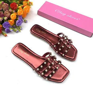 Dresssy Summer Sandals Cute Strappy Rhinestone Open Toe Flat Pearl Sandals for Women Girls Ladies Causal Shoes
