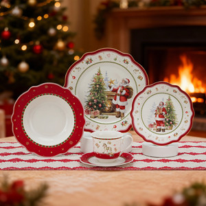 Lot <span class=keywords><strong>de</strong></span> 20 Assiettes et Bols en Porcelaine Fine Décoratifs Père Noël et Sapin pour Usage Domestique, Service <span class=keywords><strong>de</strong></span> Table <span class=keywords><strong>de</strong></span> Noël en Céramique Festif en Gros - Product Image 1