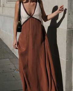 Vestido de gasa sin mangas con cuello en V hasta el suelo con patrón sólido Cintura natural Método tejido a juego - Product Image 6