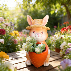 Maceta de Resina con Forma de Conejito con Sombrero de Paja, Maceta Creativa para Suculentas con Diseño de Conejo y Zanahoria, Maceta de Dibujos Animados con Forma de Animal - Product Image 1