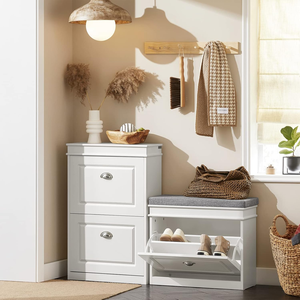 White Entryway Shoe Storage <strong>Bench</strong> with Flip Drawer &amp; Cushion, Narrow <strong>Small</strong> Shoe Cabinet Rack for <strong>Hallway</strong> - Product Image 3