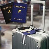 Ensemble de voyage transfrontalier : Porte-passeport en similicuir à motif avion estampé or, style simplicité urbaine, et ensemble d'étiquettes de bagage avec espace pour signature