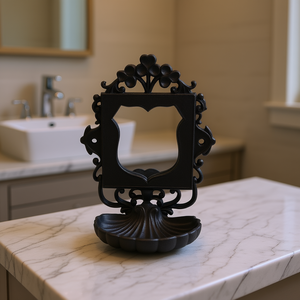 Jabonera de Hierro Fundido Negra con Espejo, Elegante Accesorio de Baño, Diseño Floral Rectangular, Montaje en Pared - Product Image 2