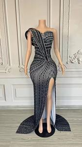 Abito da Sera Lungo con Spalle Scoperte per Cerimonie, Matrimoni, Cocktail, Ballo di Fine Anno, in Raso con Perline - Product Image 3