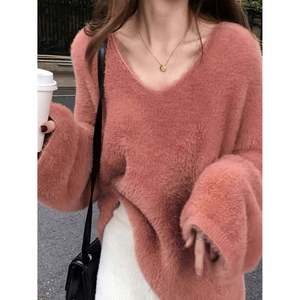 เสื้อสเวตเตอร์คอวีแขนกระดิ่งสีชมพูอมเทา ไซส์เอเชีย S สำหรับผู้หญิง - Product Image 1