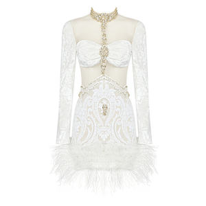 A6860 MIgu moda seksi Mini elbise beyaz dantel uzun kollu tüy Halter kadınlar akşam kokteyli parti kadın gelinlik - Product Image 4