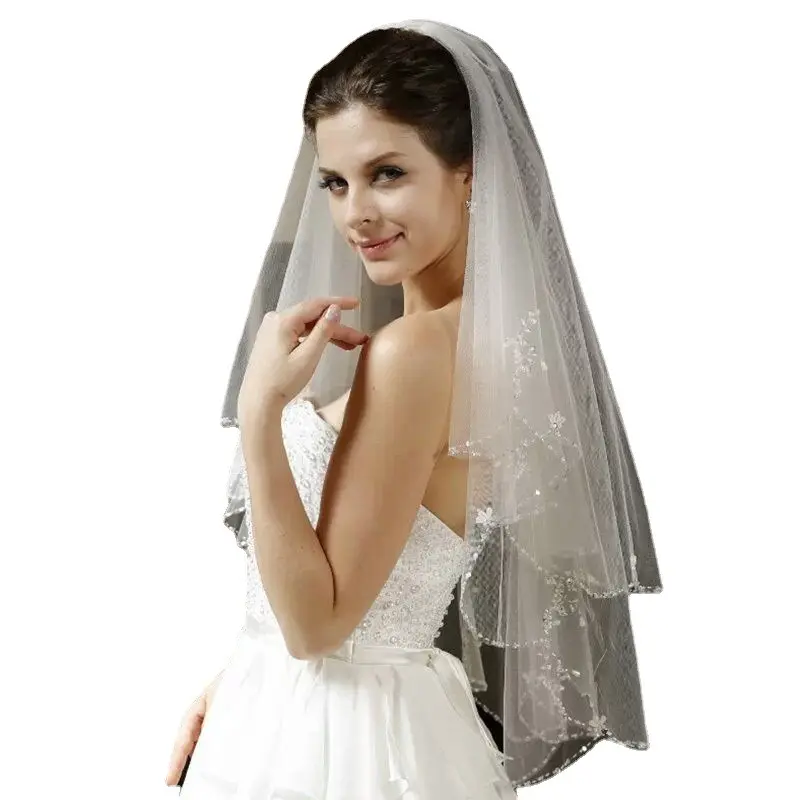 Bridal Mantilla Veil Wedding Dress Accessories 2-Layer Exquisite Handmade Beading Lace Trim Veil