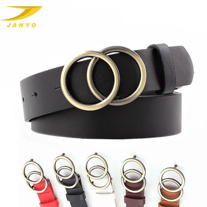 Amazon Hot Sale Fashion Trends Gold Double O-Ring Buckle Soft Faux Leather Women Belts For Jeans