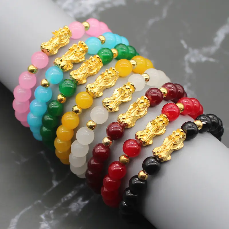 Fengshui Prosperity Bracelet 8mm Pure Agate Bead Pi Yao Charm 18K Gold Pi Xiu Bracelet for Women Men Wealth Health Good Luck