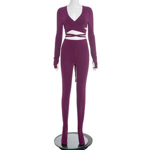 Conjunto de 2 piezas de vendaje a la moda para mujer, Top corto sexy de manga larga y medias ajustadas, conjunto de pantalones largos - Product Image 2