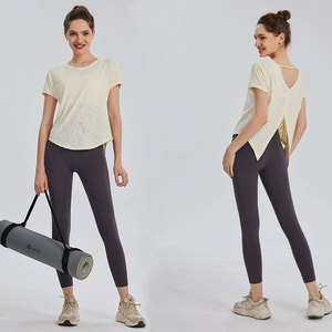 T-shirt de sport athlétique pour femme, transparent, à manches courtes, col rond, avec découpes, taille à nouer, ample et respirant, pour le yoga, la course et la gym - Product Image 5