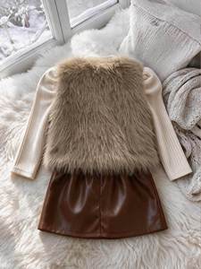 Nouvelle Collection 2026 : Ensemble 3 Pièces Tendance Fille Automne-Hiver – Gilet <span class=keywords><strong>Mao</strong></span> <span class=keywords><strong>Mao</strong></span>, Haut Tricoté Manches Longues et Jupe en Similicuir - Product Image 2