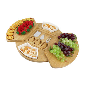 Ensemble de planche à <span class=keywords><strong>fromage</strong></span> ronde en bambou avec couteau à <span class=keywords><strong>fromage</strong></span> en acier inoxydable, <span class=keywords><strong>plateau</strong></span> de service et 2 bols en céramique pour cadeau idéal - Product Image 3
