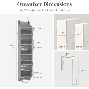 Over The Door Organizer 10 Pocket Gray Non Woven Fabric <b>Storage</b> <b>Rack</b> With Clear Window For Baby Diapers Toys Behind Door Wall - Product Image 2