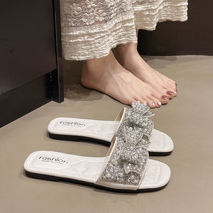 Sandales d'été pour femmes à bout carré, à bride unique, avec petite décoration en perles, pour intérieur et extérieur, de haute qualité - Product Image 3