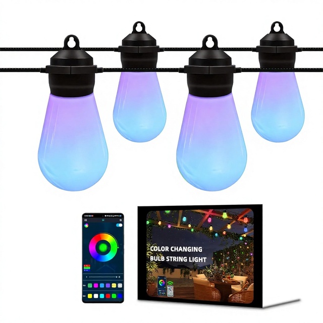 IP67 Waterproof 46FT S14 Outdoor Christmas String Lights 20 Shockproof RGB LED Bulbs Smart App Control Dimmable Ra80 Garden