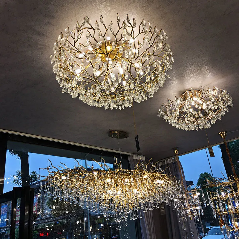 2022 chi nhánh lớn Bắc Âu cổ điển LED đồng thau vàng ăn phòng khách khách khách sạn sang trọng trần ánh sáng mặt dây chuyền hiện đại Đèn Chùm Pha Lê