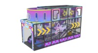 Aire de jeux intérieure sur mesure au design cyberpunk tendance avec piscine à balles, toboggan et corde d'escalade