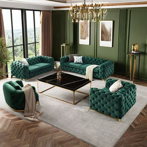 आधुनिक 3-सीटर चेस्टरफील्ड आर्म वेल्वेट टफ्टेड सेशनल सोफा सोफे सेट स्टेनलेस स्टील बेस चमड़े के लिविंग रूम होटल फर्नीचर - Product Image 2