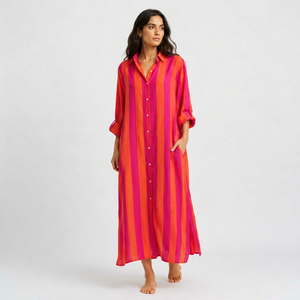 Women Striped Cotton Shirt Dress Summer Midi <b>Beach</b> Wear Modern Fit Vintage Button Down <b>Kaftan</b> Bohemian Eco-Friendly Breathable - Product Image 1
