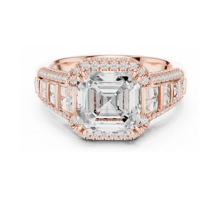 Bague de fiançailles taille Asscher en or jaune avec halo de diamants, baguettes et pavé, large bande, bague statement, bijoux de mariée élégants - Product Image 5