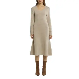 Factory Custom Long Knitted Sweater Dress Cashmere Wool Blend Round Neck Long Sleeve For Women Sweater Dress