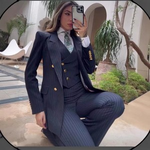 <span class=keywords><strong>Costume</strong></span> femme <span class=keywords><strong>rayé</strong></span> <span class=keywords><strong>bleu</strong></span> marine tendance, 3 pièces, vêtements féminins, coupe ajustée, ensemble de blazer formel pour femme de bureau - Product Image 2