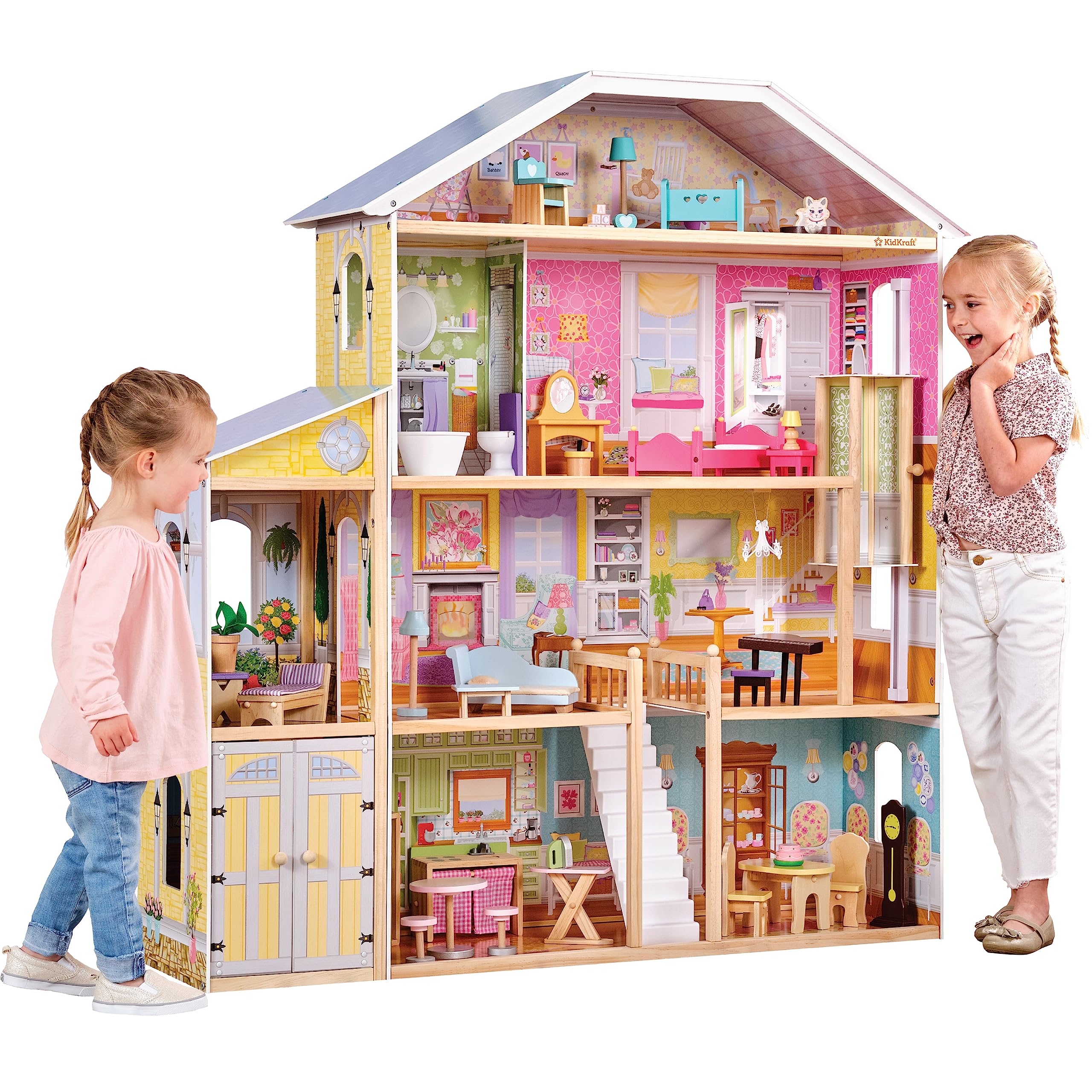 Casa De Muñecas Barbie De Madera 118 Cm – Kinderplay 3 Pisos Con Muebles, Luz LED Y Pegatinas – Regalo Para Niños +3 Años