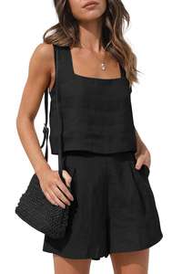 Women's CottonLinenShort Suit 2-PieceSetSquareCollar Crop TopHighWaistedShortsSummerCasual Outfit Sexy - Product Image 2