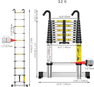 Échelle télescopique droite en aluminium à extension simple côté, antidérapante, EN131, 2,6 m, 3,2 m, 3,8 m, avec crochet - Product Image 2