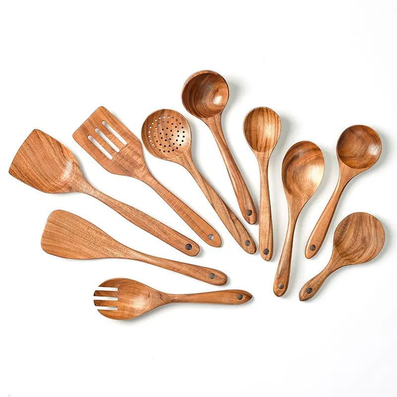 Teca Natural Acácia Cozinha Acessórios Cozinhar Ferramentas Utensílios De Cozinha De Madeira Espátula Colher Conjunto com Suporte