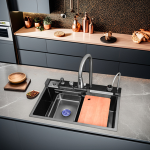 Évier de cuisine moderne à cuvette unique fait à la main en acier inoxydable 304 noir avec surface nano conception de cascade multifonctionnelle à quatre trous - Product Image 3