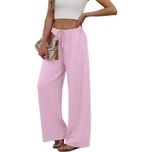 Pantalones Anchos de Mujer, Cintura Alta, con Cordón, Color Rosa, Transpirables, de Punto, para Primavera/Verano, Playa, Vacaciones, Ropa Casual, Talla M - Product Image 4