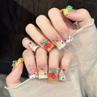 Ongles à presser en acrylique à pois mignons, motif boisson glacée aux fruits, décoration 3D avocat, fraise, citron, cerise, strass, personnalisables
