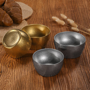 Tazones de arroz retro de acero inoxidable 304, color gris copo de nieve, redondos y cuadrados, de doble capa, aislantes del calor, para sopa y condimentos, para uso doméstico. - Product Image 1