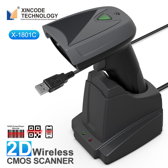 Xincode 2D Wireless Barcode Scanner QR Code Reader CMOS for Warehouse POS and Computer Wireless Scanner Barcode With Stand