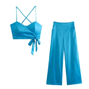Side bow tie sleeveless spaghetti strap crop top full length blue color pants women casual 2 piece set
