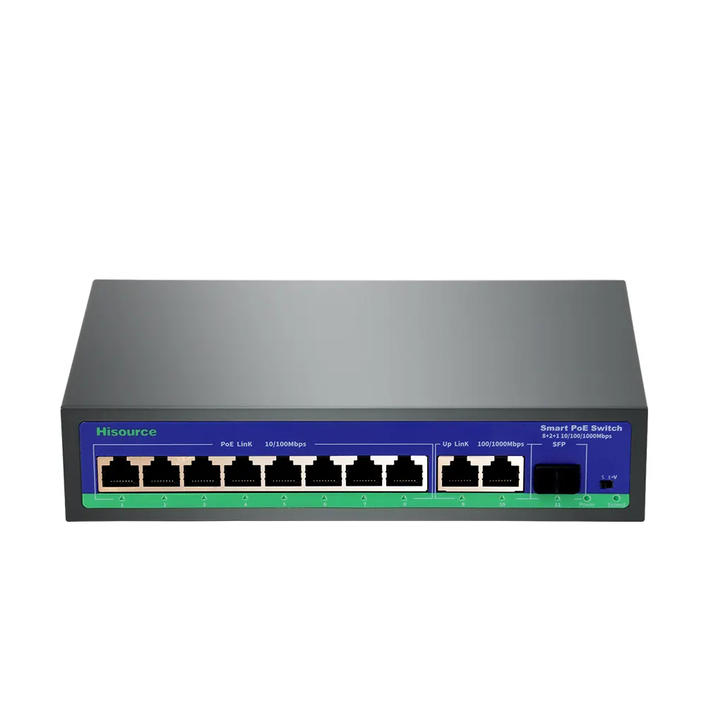 100Mbps PoE chuyển đổi 8 cổng với 2 Gigabit Uplink 48V thông minh Power over Ethernet Thiết bị chuyển mạch mạng Switcher cho CCTV Camera