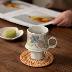 Tasse à café rétro à fleurs françaises, mug en céramique japonaise grossière, glaçure au sésame - Product Image 1