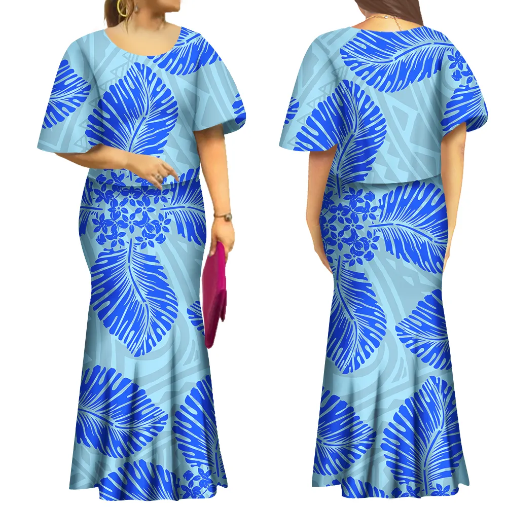 Hawaii Style Polynesian Tribal Design Long Fishtail Dress Pacific Island Art Flared Sleeve Puletasi Mermaid Skirt Wholesale