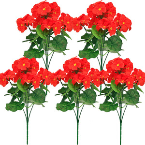 Bosquejo de Begonia Artificial Roja Brillante, Geranio de Seda Sintética con Hojas Verdes Redondas, Decoración para Jardín, Venta al por Mayor - Product Image 2