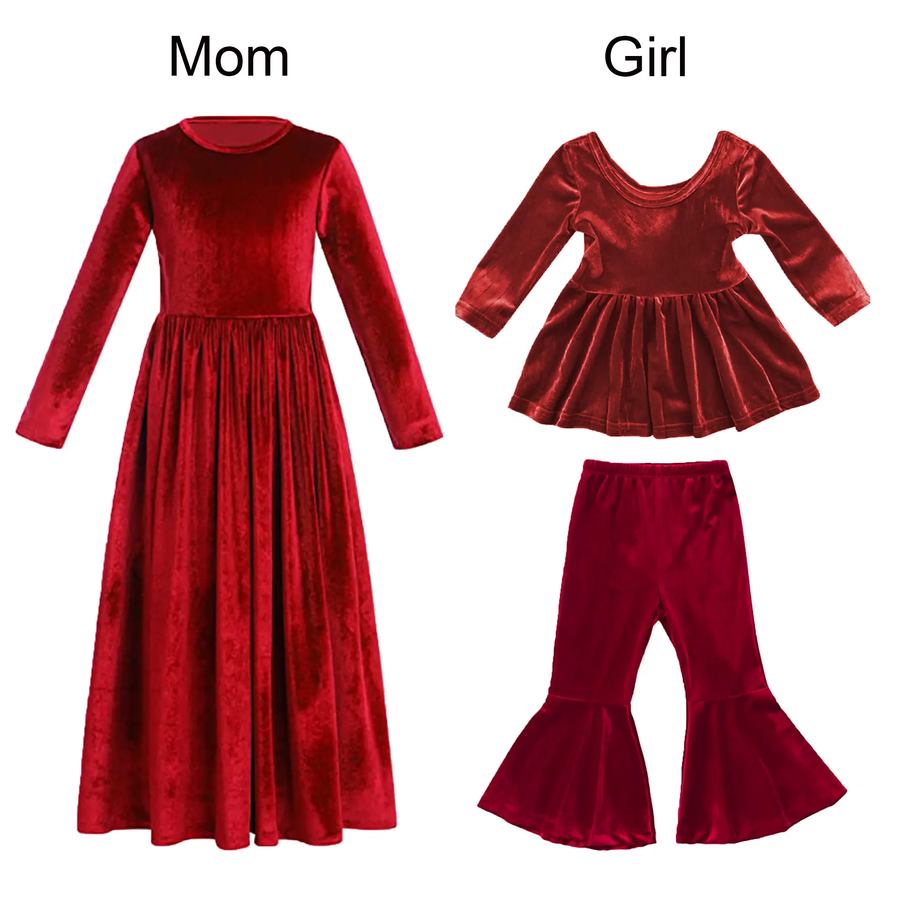 Vendita calda regalo di natale mamma e me abito in velluto rosso moda abbinata vestito familiare