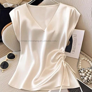 Women's <b>Satin</b> V-Neck Drawstring Ruched <b>Blouse</b> - Cap Sleeve Asymmetrical Hem Top Shirt Fashion - Product Image 1