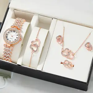 Reloj de pulsera de cuarzo de cuero informal, pulsera, collar, anillo, pendientes, regalos, 6 uds., conjunto de reloj para mujer