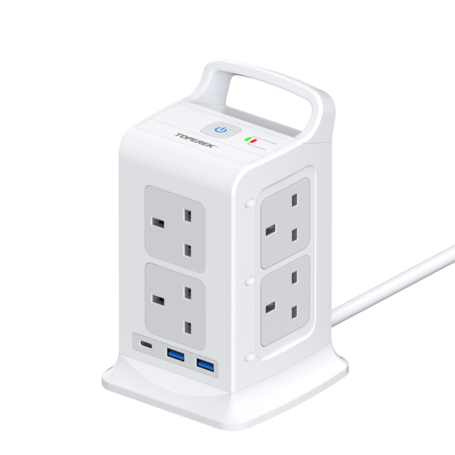 250V 13A UK Tower USB Power Socket Surge Protector With 8 Way Outlets Type C PD 20W Fast Charging