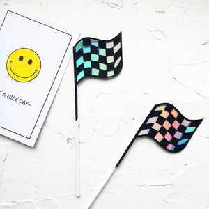 ที่ประดับเค้กธงแข่งรถ F1 ลายตารางหมากรุกสีดำขาวอะคริลิค ตกแต่งงานปาร์ตี้วันเกิด อุปกรณ์ตกแต่งโต๊ะขนมหวาน - Product Image 1